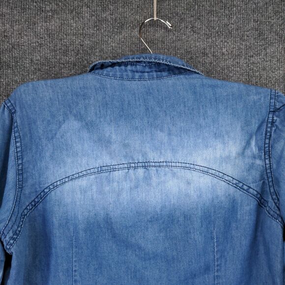 I Joah Denim Button Up Womens Medium Long Sleeve Blue Faux Pocket Polyester - Picture 6 of 12